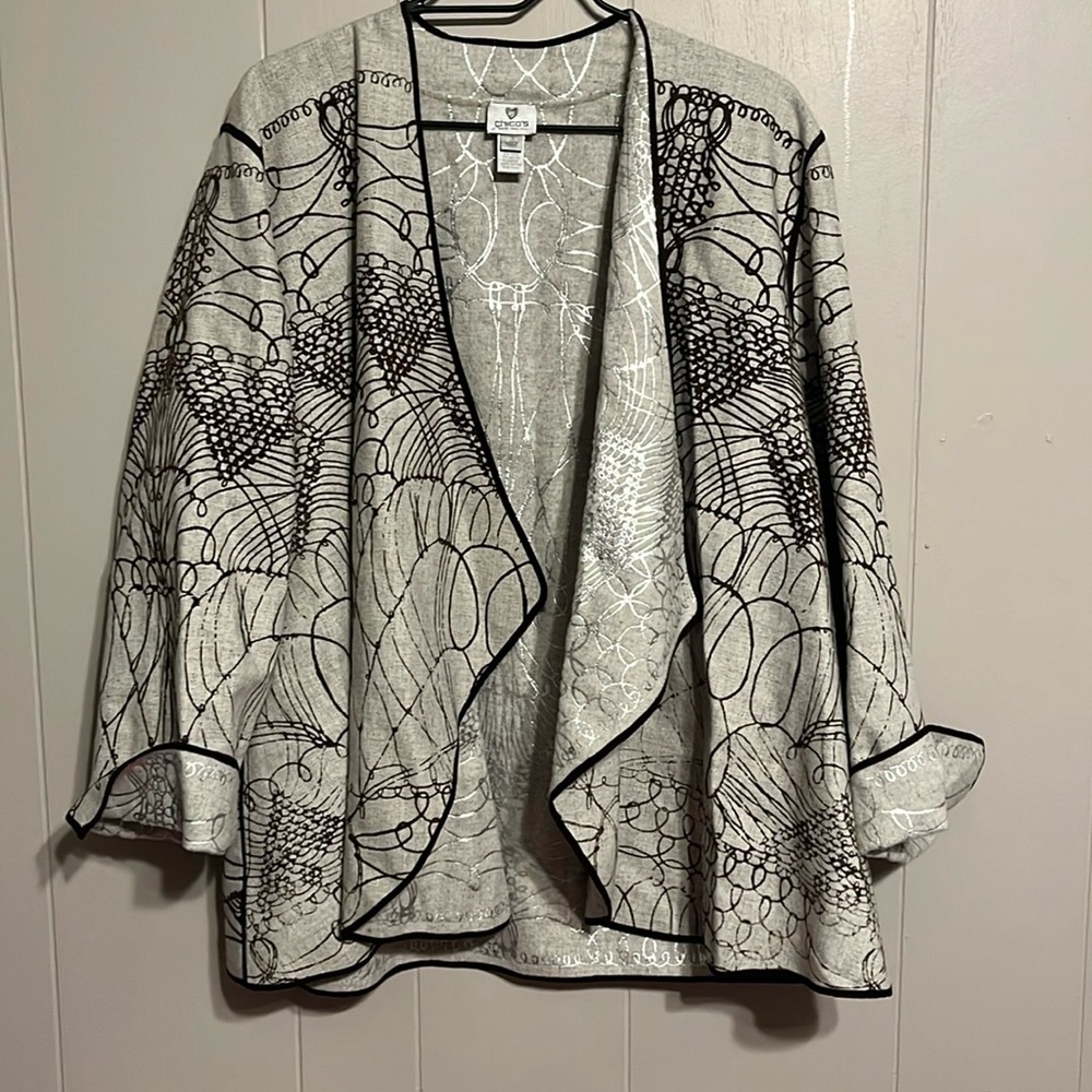 Chico's‎ Gray Silver Brown Script Cascada Reversible Open Jacket Wool Blend 3